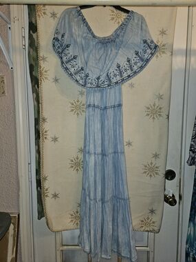 Reba Light Blue Embroidered Off-Shoulder Maxi Dress